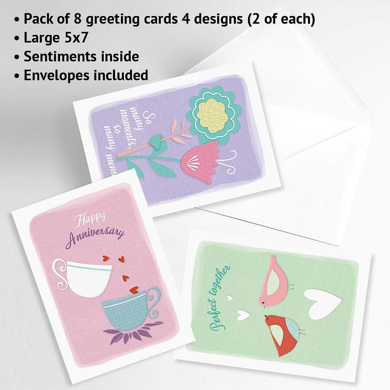 Current Every Happiness Anniversary Greeting Cards - Set of 8 (4 designs), Large 5" x 7" Wedding Anniversary Cards with Sentiments Inside, White Envelopes - Image 5